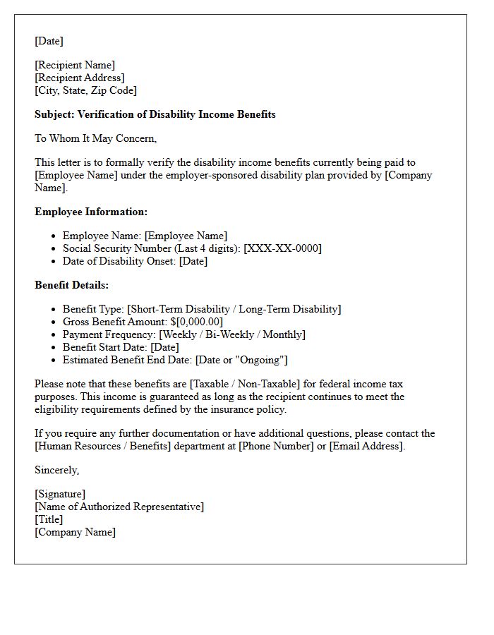 Employer Sponsored Disability Income Verification Letter