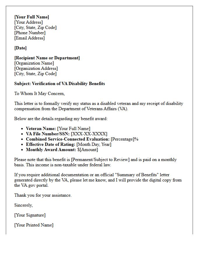 Veterans Affairs Disability Award Verification Letter