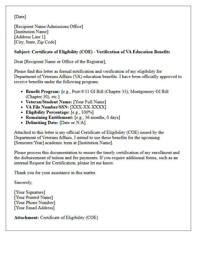 Certificate of Eligibility Verification of Veterans Affairs Benefits Letter