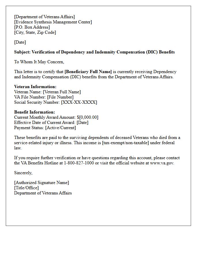 Dependency and Indemnity Compensation Verification of Veterans Affairs Benefits Letter