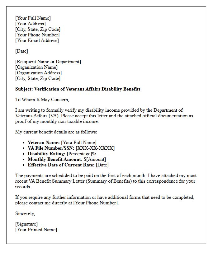 Disability Income Verification of Veterans Affairs Benefits Letter