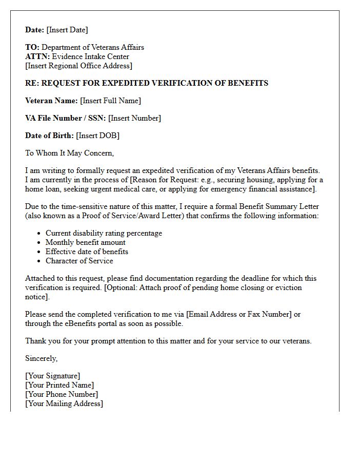Expedited Verification of Veterans Affairs Benefits Letter