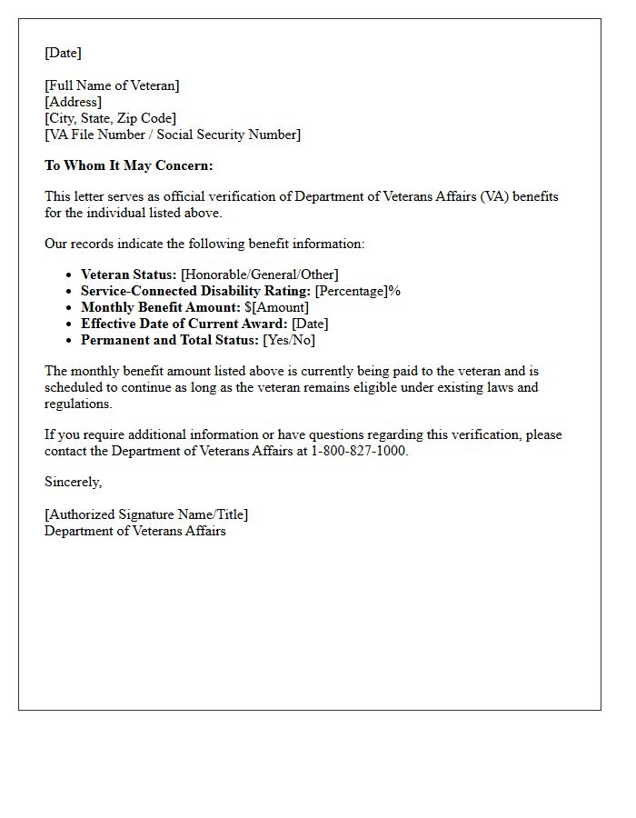 Standard Verification of Veterans Affairs Benefits Letter