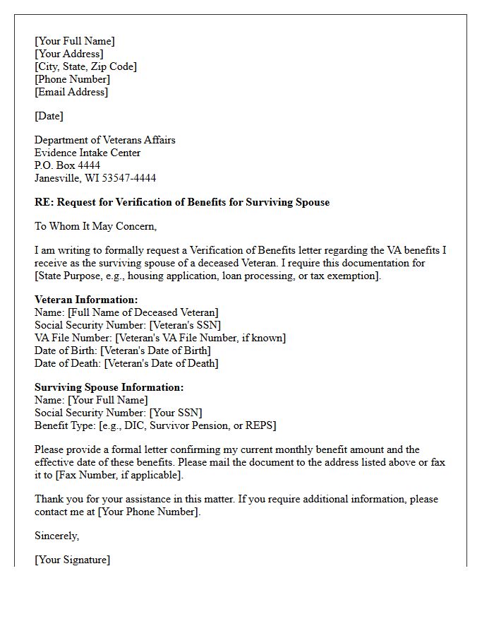 Surviving Spouse Verification of Veterans Affairs Benefits Letter
