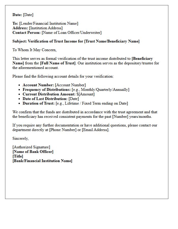 Bank Depository Verification of Trust Income Letter