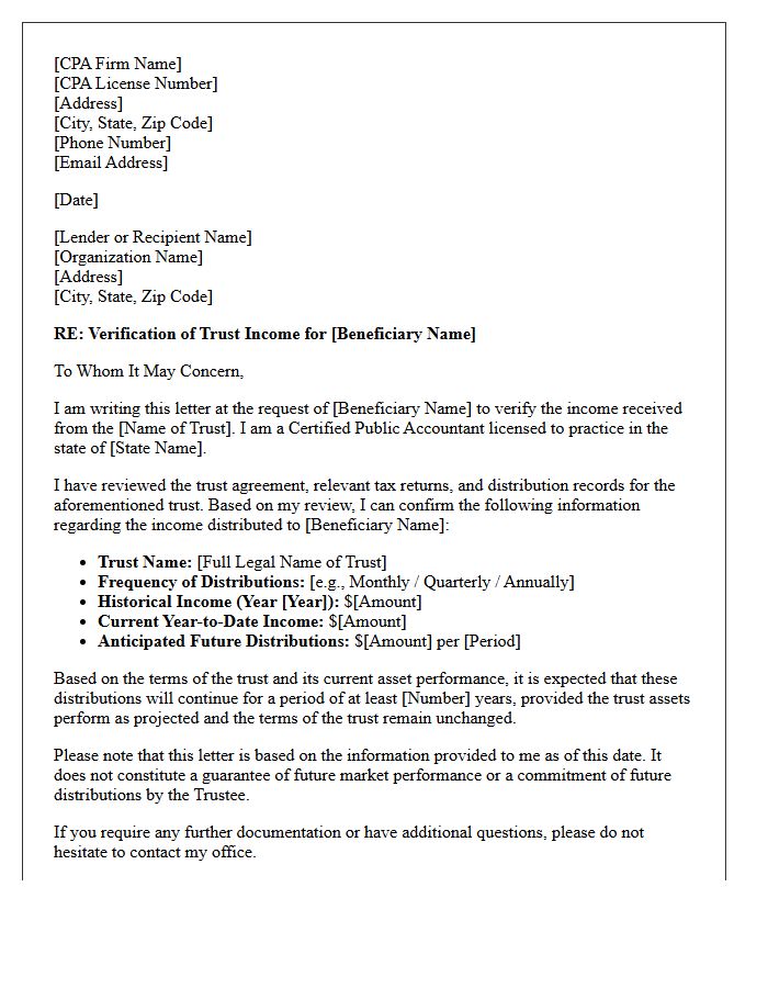 Certified Public Accountant Verification of Trust Income Letter