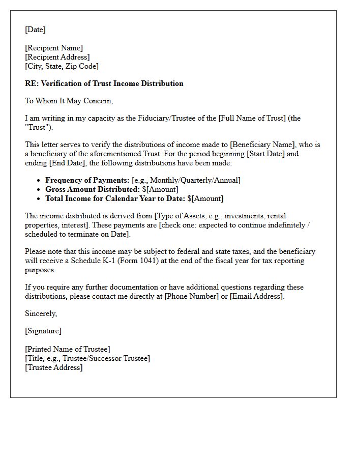 Fiduciary Distribution Verification of Trust Income Letter
