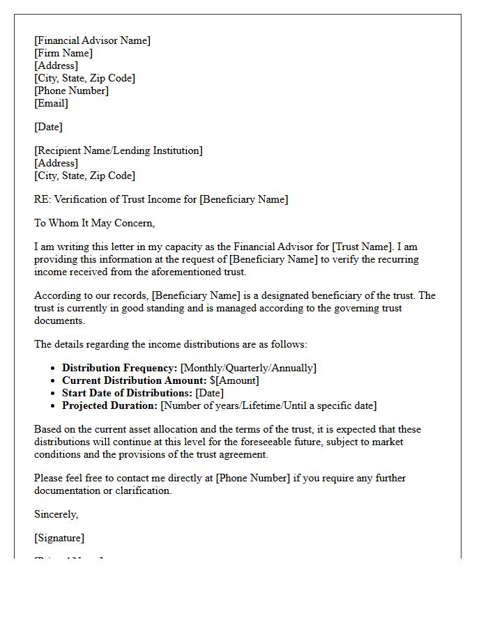 Financial Advisor Verification of Trust Income Letter