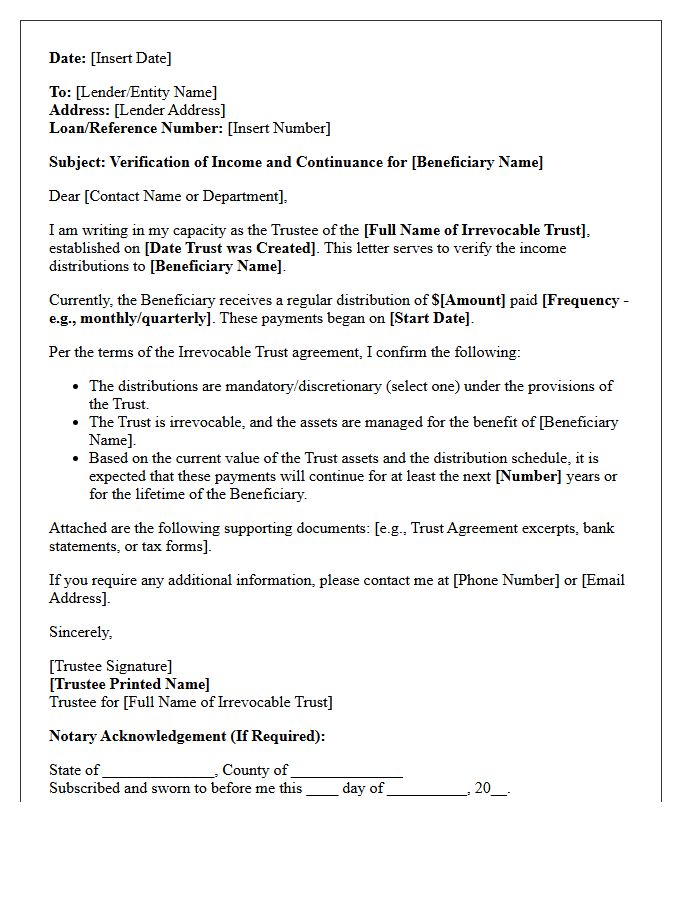 Irrevocable Trust Continuance of Income Verification Letter