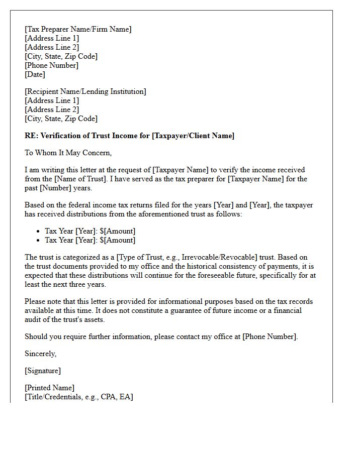 Tax Preparer Verification of Trust Income Letter