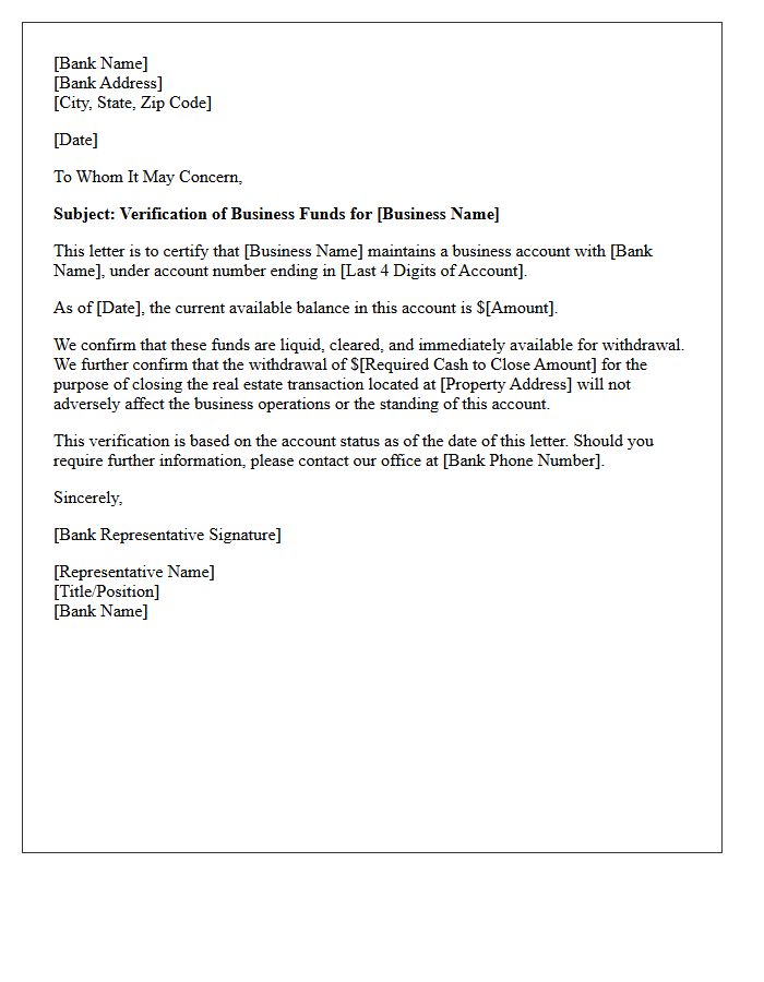 Business Account Funds Verification Of Cash To Close Letter