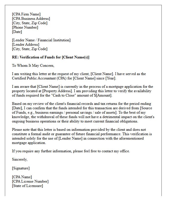 Certified Public Accountant Verification Of Cash To Close Letter