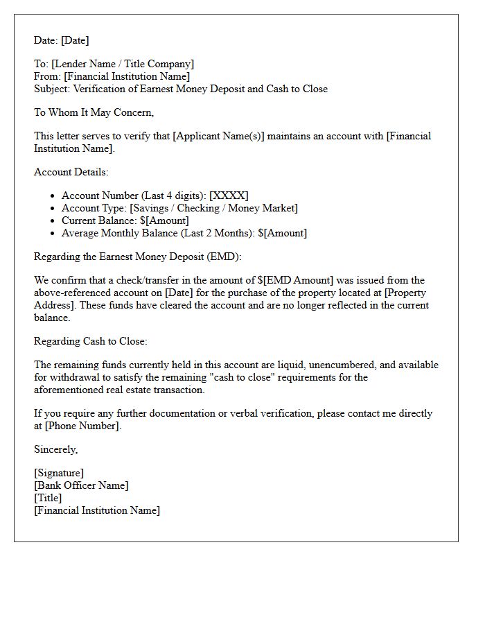 Earnest Money Deposit Verification Of Cash To Close Letter