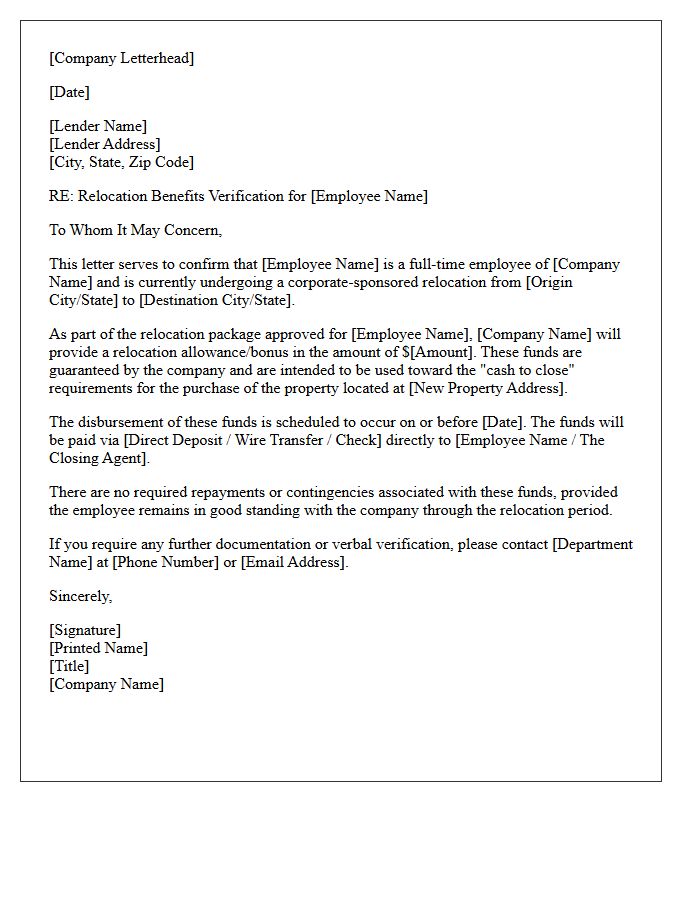 Employer Relocation Verification Of Cash To Close Letter