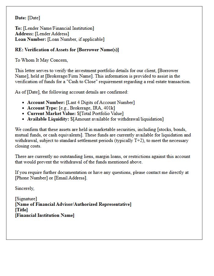 Investment Portfolio Verification Of Cash To Close Letter