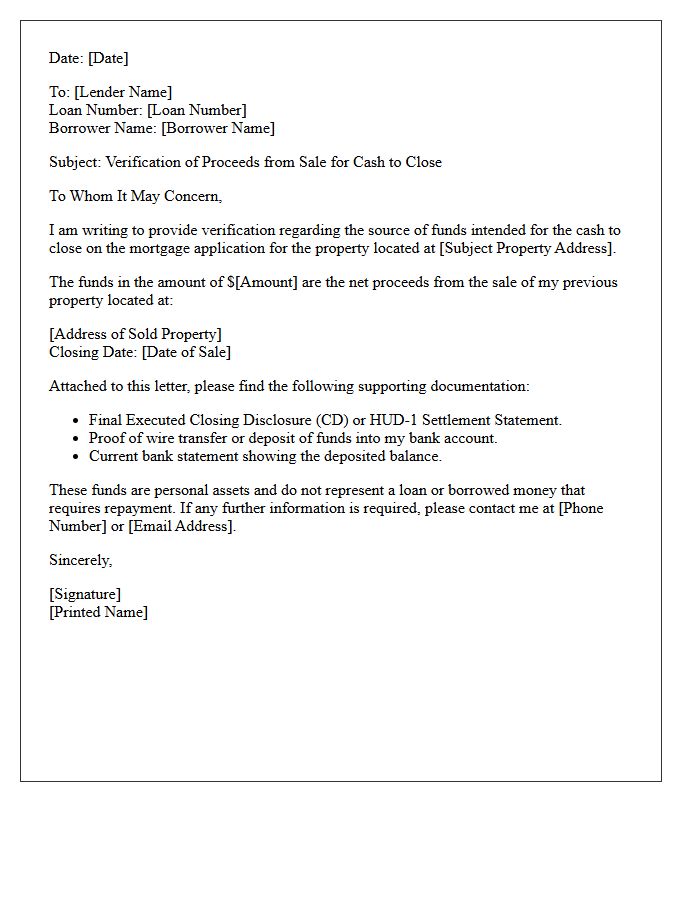 Proceeds From Sale Verification Of Cash To Close Letter