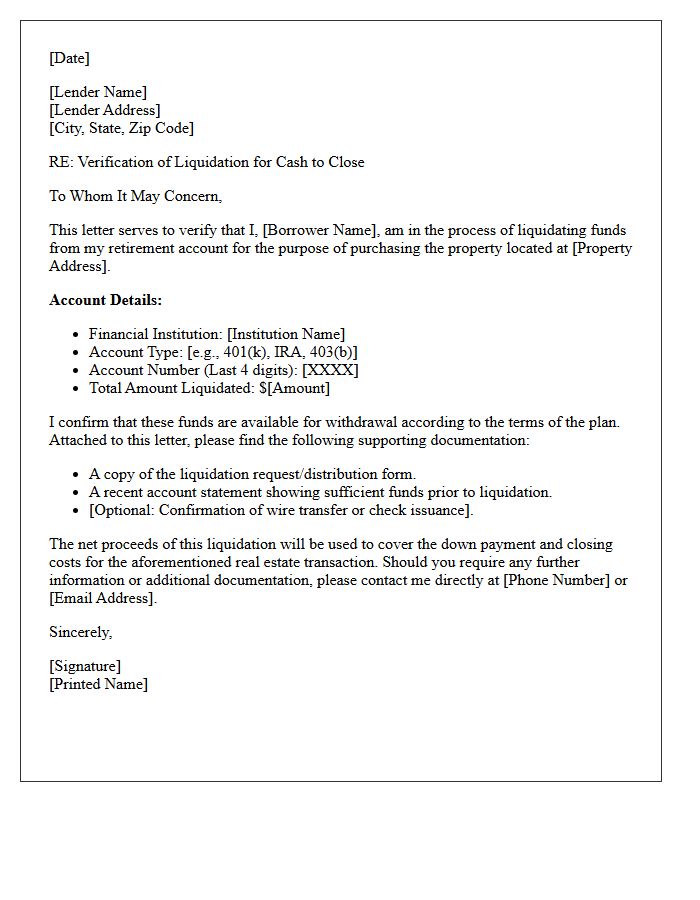 Retirement Liquidation Verification Of Cash To Close Letter