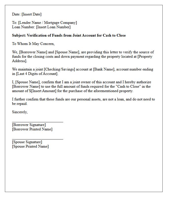 Spousal Joint Account Verification Of Cash To Close Letter