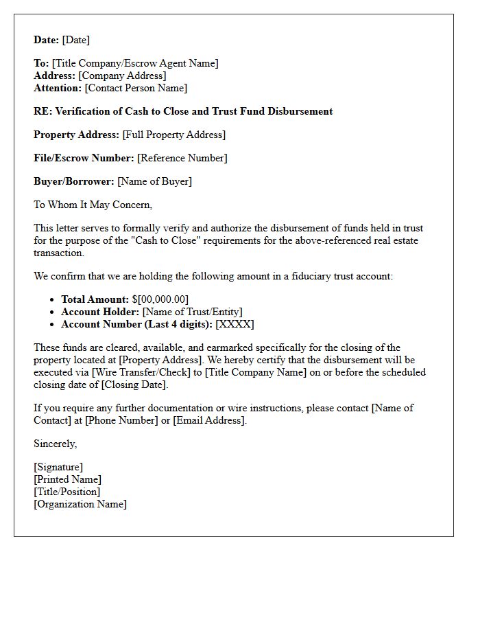 Trust Fund Disbursement Verification Of Cash To Close Letter