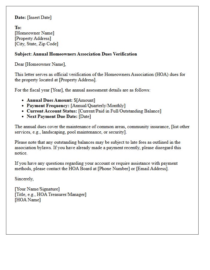 Annual Homeowners Association Dues Verification Letter