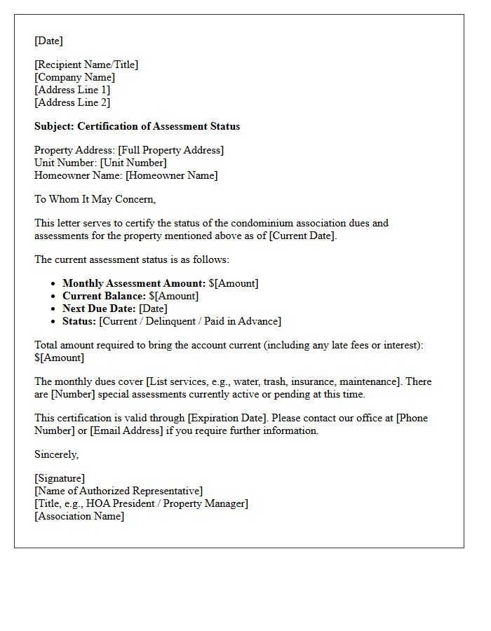 Condominium Homeowners Association Dues Certification Letter