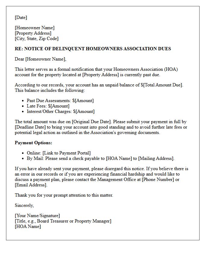 Delinquent Homeowners Association Dues Notification Letter