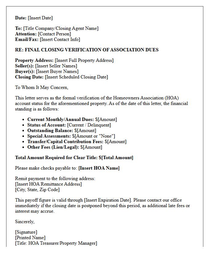 Final Closing Verification Of Homeowners Association Dues Letter