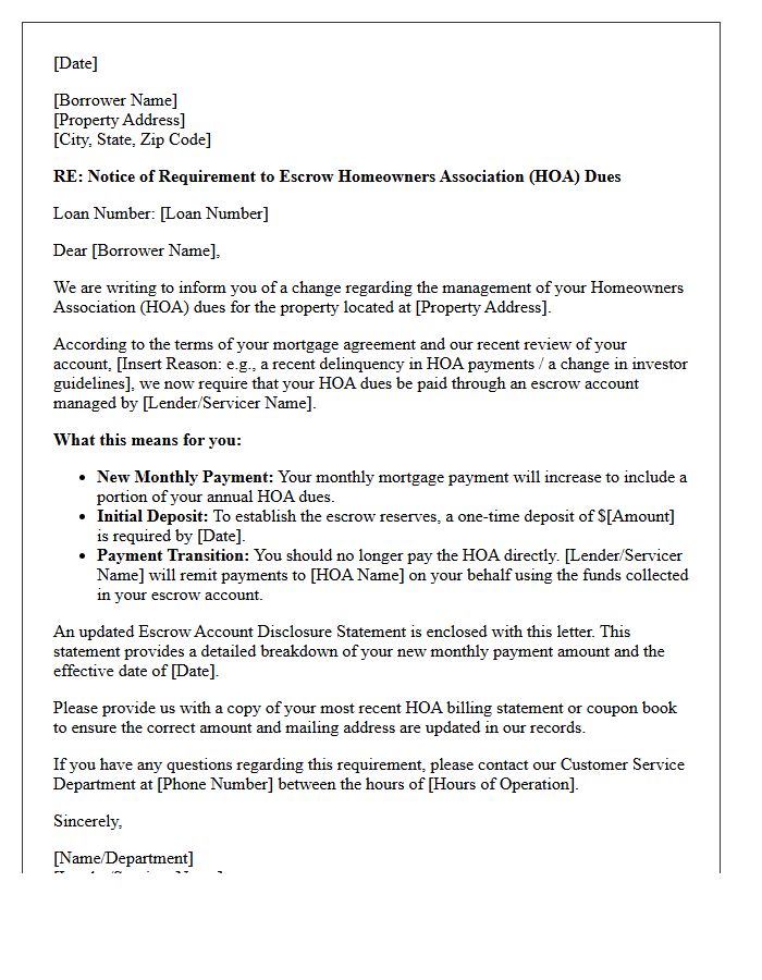 Homeowners Association Dues Escrow Requirement Letter