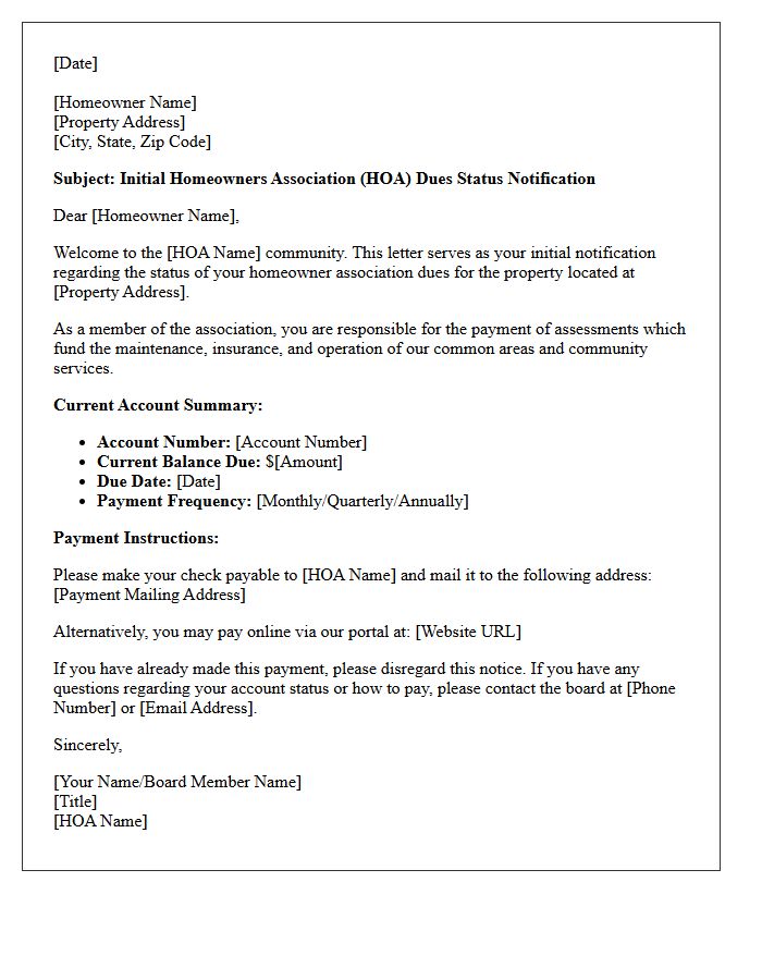 Initial Homeowners Association Dues Status Letter