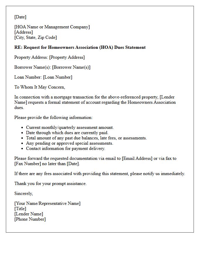 Lender Request For Homeowners Association Dues Statement Letter