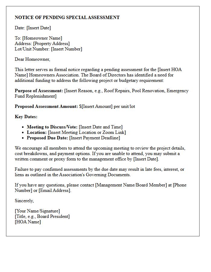 Notice Of Pending Homeowners Association Dues Assessment Letter