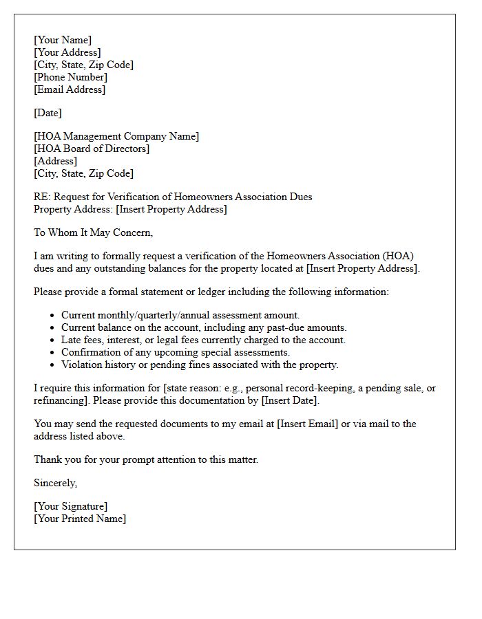 Request For Verification Of Homeowners Association Dues Letter