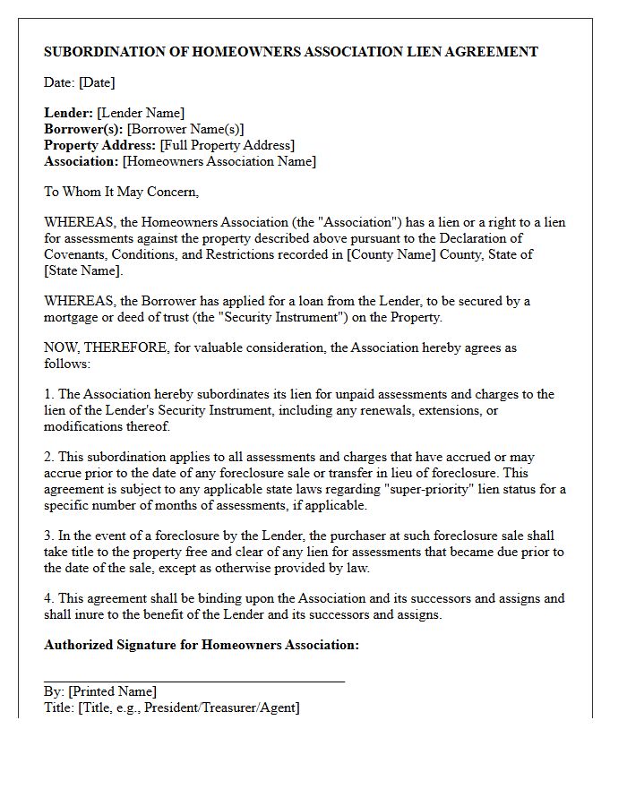 Subordination Of Homeowners Association Dues Agreement Letter
