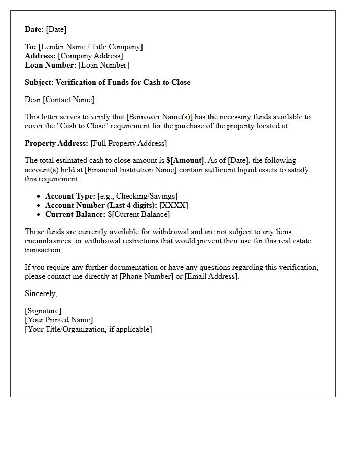 Cash To Close Verification Letter