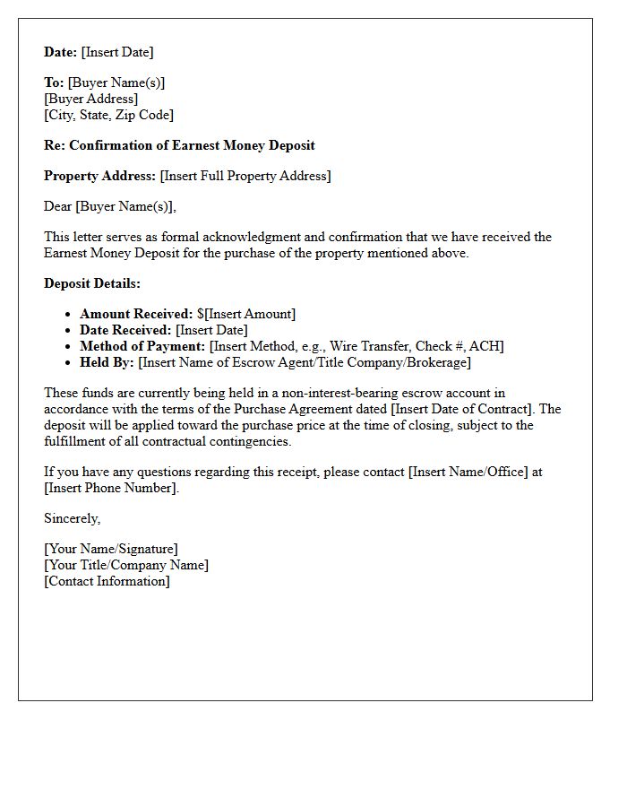 Earnest Money Deposit Confirmation Letter