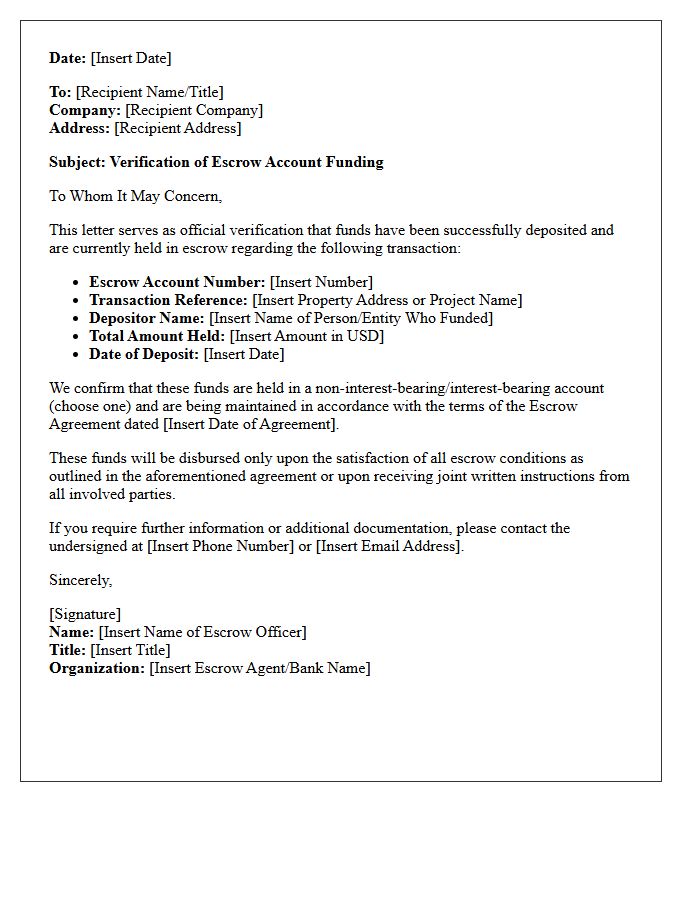 Escrow Account Funding Verification Letter