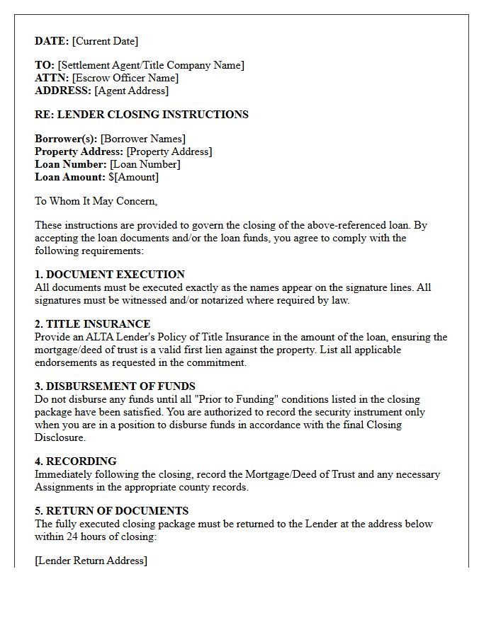 Lender Closing Instructions Letter