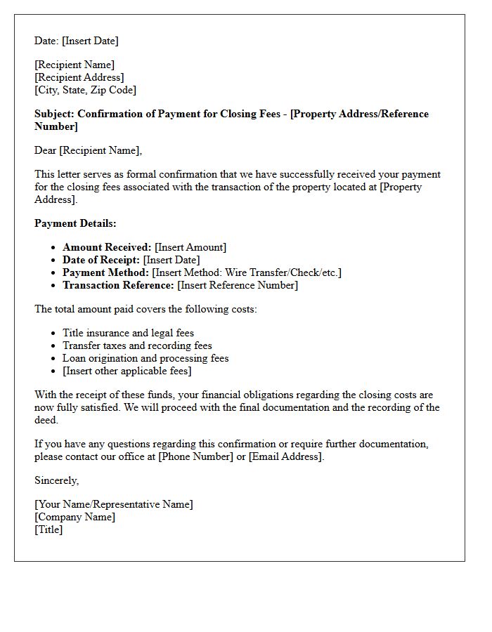 Payment Of Closing Fees Confirmation Letter