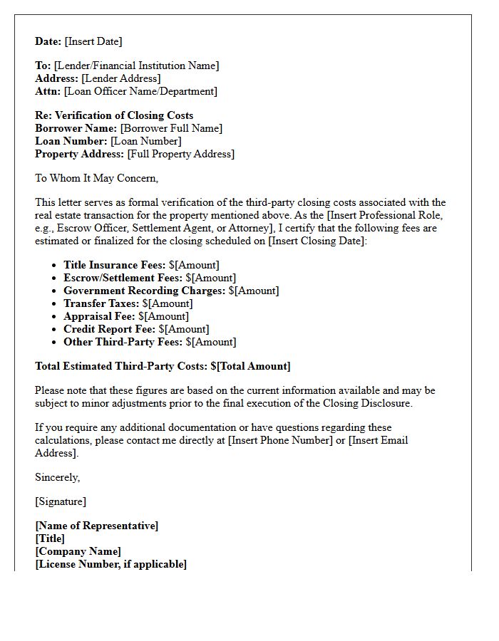 Third Party Closing Costs Verification Letter
