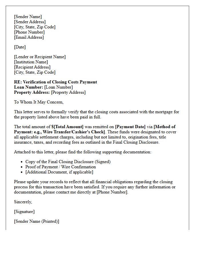 Verification Of Closing Costs Payment Letter