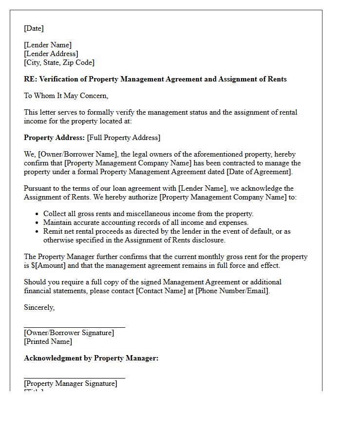 Assignment Of Rents Verification Of Property Management Agreement Letter