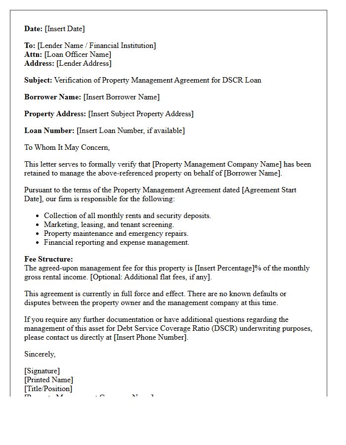 Debt Service Coverage Ratio Verification Of Property Management Agreement Letter