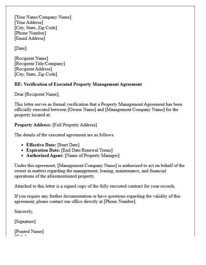 Executed Contract Verification Of Property Management Agreement Letter
