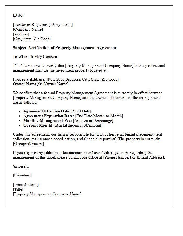 Investment Property Verification Of Property Management Agreement Letter