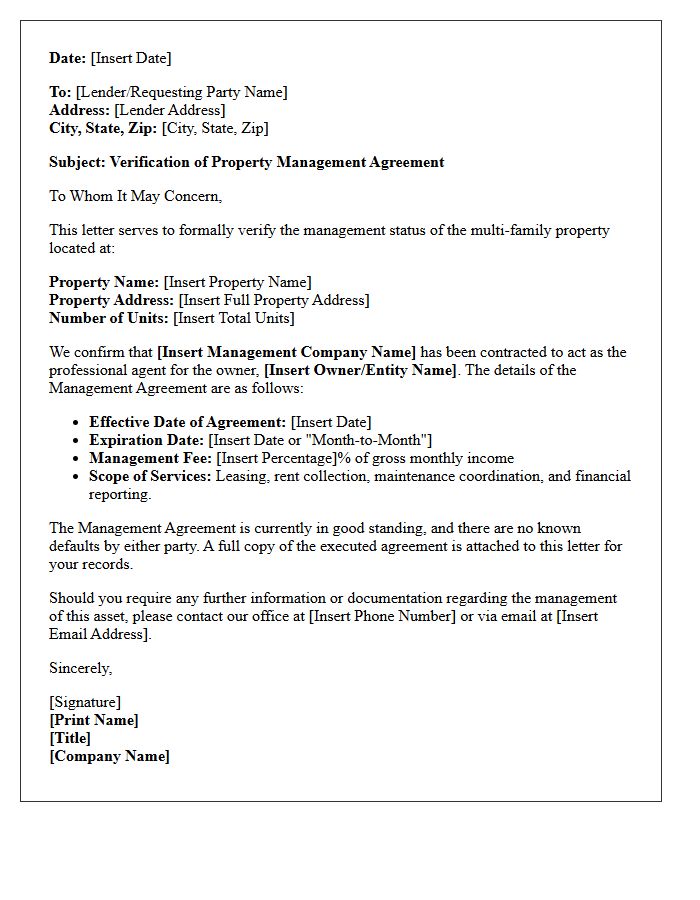 Multi Family Verification Of Property Management Agreement Letter