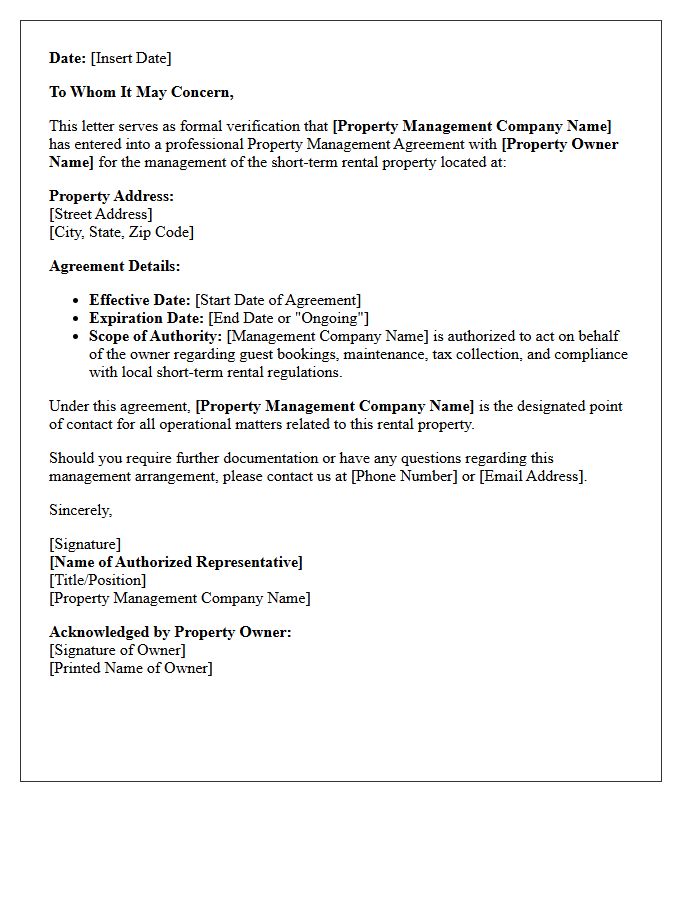 Short Term Rental Verification Of Property Management Agreement Letter