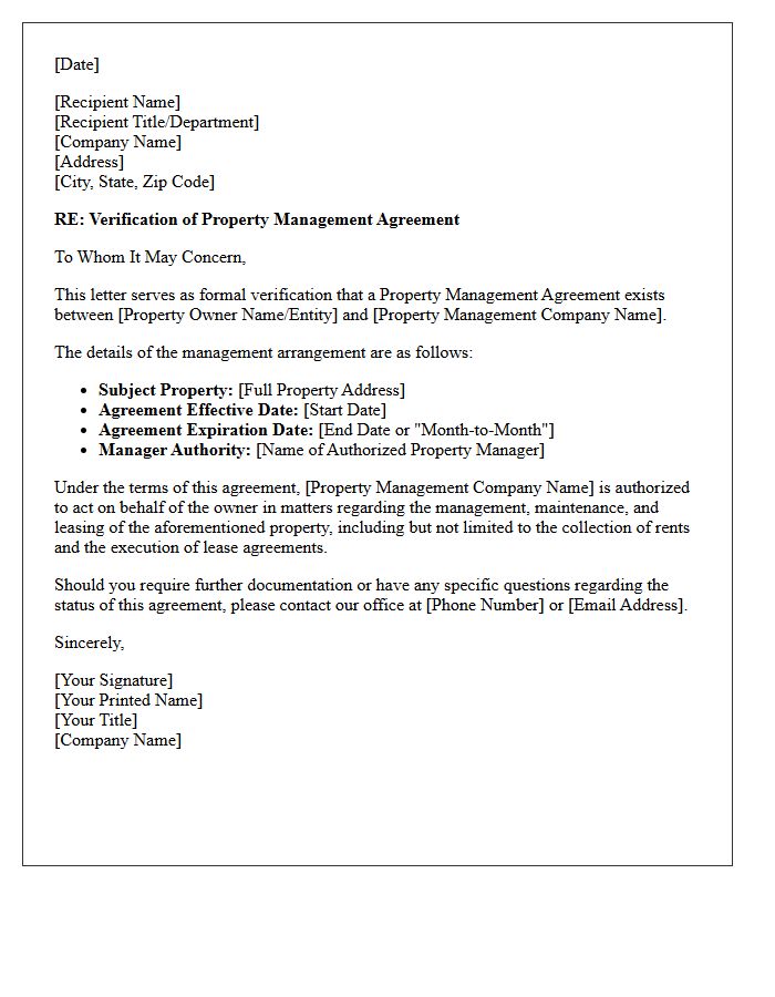 Standard Verification Of Property Management Agreement Letter