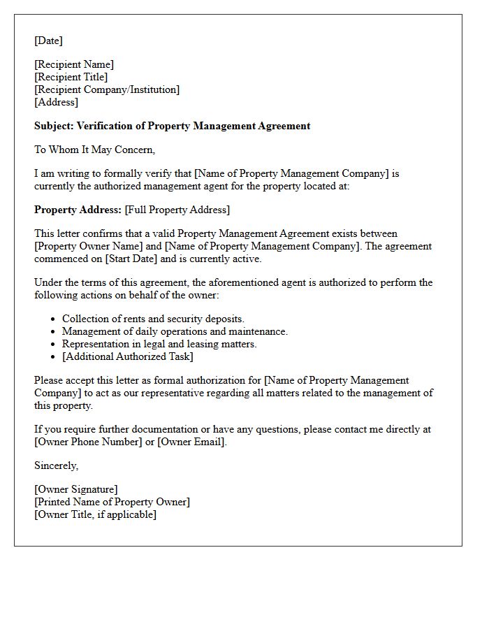 Third Party Agent Verification Of Property Management Agreement Letter
