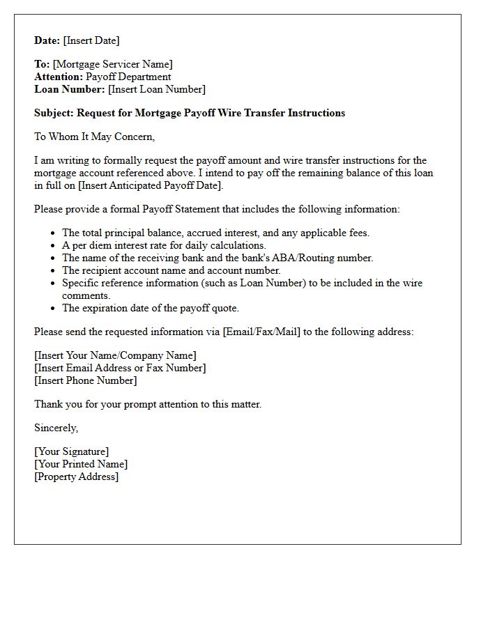 Mortgage Payoff Wire Transfer Instructions Letter