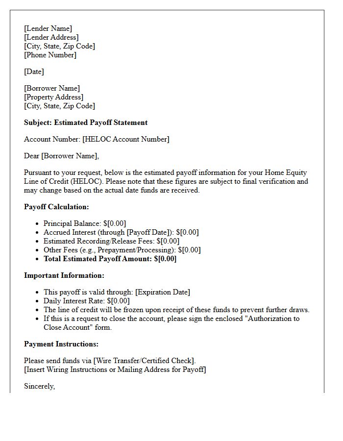 Home Equity Line Of Credit Estimated Payoff Statement Letter